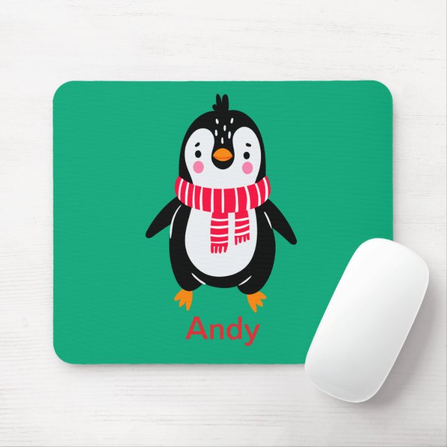 Cute Penguin in Red Stripes Scarf Mouse Mat (With Mouse)