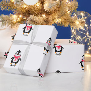 Cute Penguin in Red Stripes Scarf Wrapping Paper