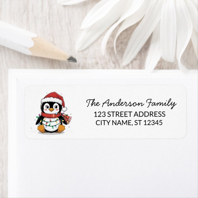 Cute Penguin in Santa Hat Christmas Return Address (Insitu)