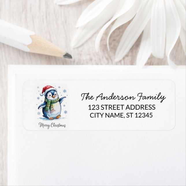 Cute Penguin in Santa Hat Christmas Return Address (Insitu)