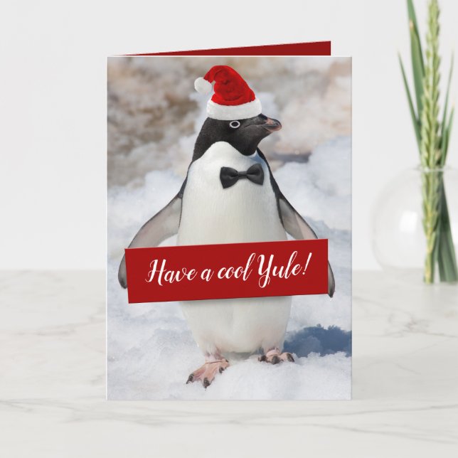 Cute Penguin in Santa Hat Holding Yuletide Sign Holiday Card (Front)