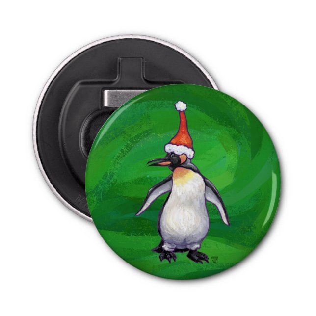 Cute Penguin in Santa Hat on Green Bottle Opener (Front)