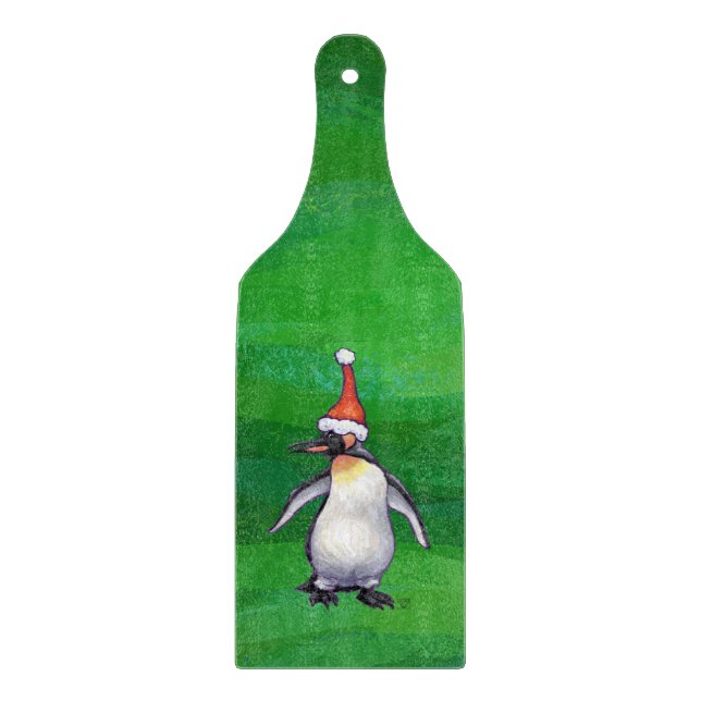 Cute Penguin in Santa Hat on Green Cutting Board (Front)
