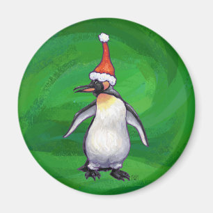 Cute Penguin in Santa Hat on Green Magnet