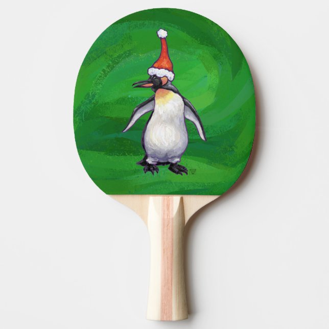 Cute Penguin in Santa Hat on Green Ping Pong Paddle (Front)