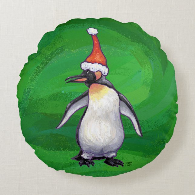 Cute Penguin in Santa Hat on Green Round Cushion (Front)