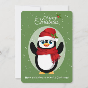 Cute Penguin in Santa Hat & Scarf Merry Xmas Holiday Card