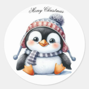 Cute Penguin in Winter Hat Christmas Classic Round Sticker