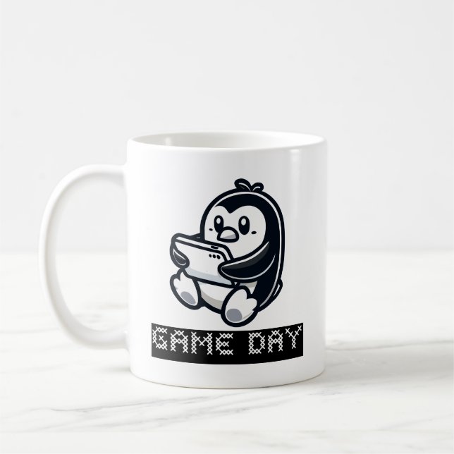 Cute Penguin is playing a Video Game - Game Day Coffee Mug (Left)