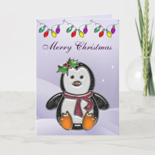 Cute Penguin Jewel & Christmas Lights Card