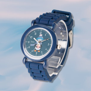 Cute Penguin Kid Blue Watch with Name