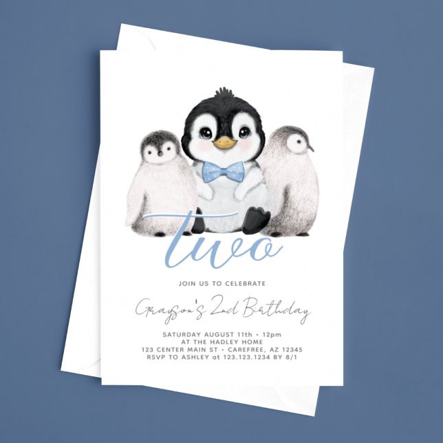Cute Penguin Kids 2nd Birthday Invitation (Creator Uploaded)