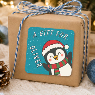 Cute Penguin Kids Name Christmas Gift Square Sticker