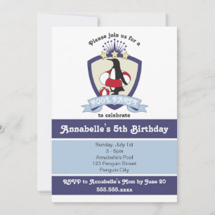Cute Penguin Kids Pool Party Birthday Invitations
