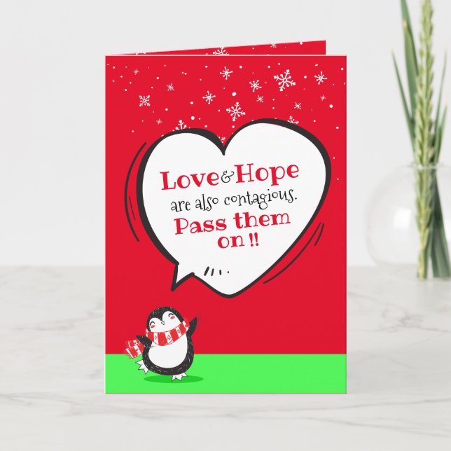 Cute Penguin Love & Hope Heart Quote Holiday Card (Front)