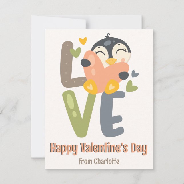 Cute Penguin Love Kids Classroom Valentine's Day  Holiday Card (Front)
