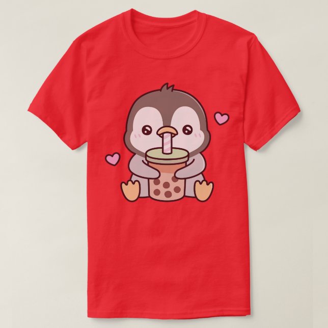 Cute Penguin Loves Bubble Tea T-Shirt (Design Front)