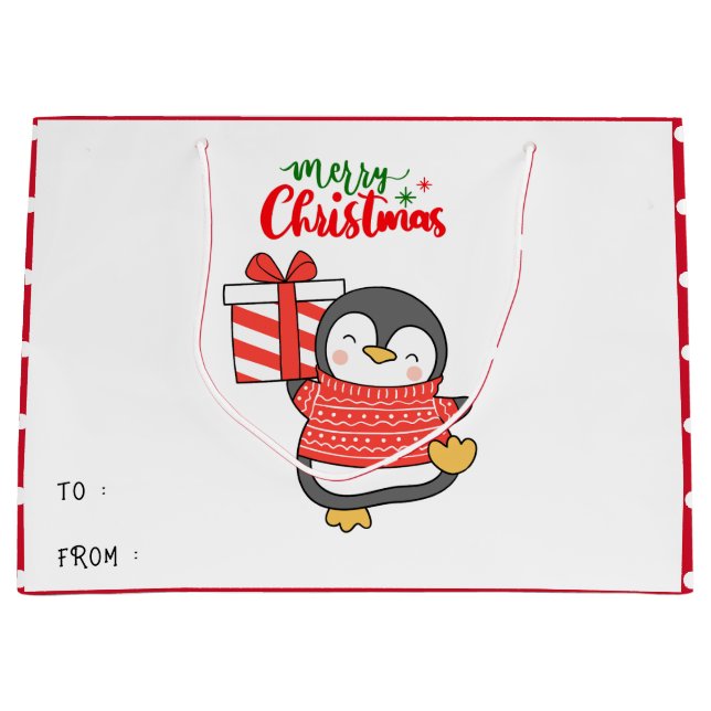 Cute Penguin Merry Christmas  Large Gift Bag (Front)