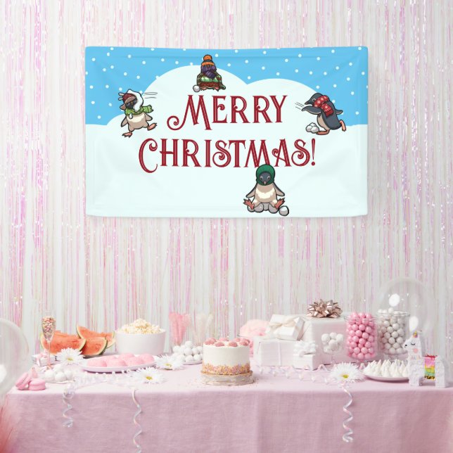Cute Penguin Merry Christmas Snowball Fight Banner (Party)