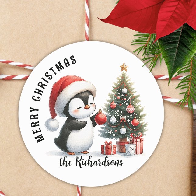 Cute Penguin Modern Personalised Merry Christmas Classic Round Sticker (Creator Uploaded)