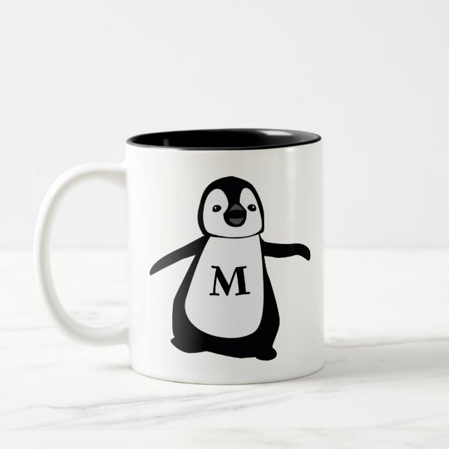Cute Penguin Monogram Personalised Two-Tone Coffee Mug (Left)