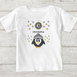 Cute penguin name stars yellow grey baby T-Shirt