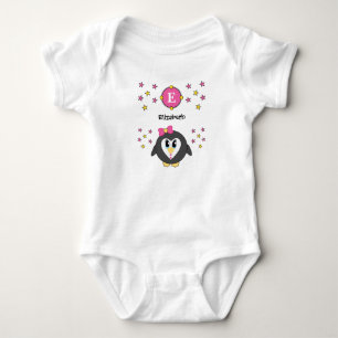 Cute penguin name stars yellow pink baby bodysuit