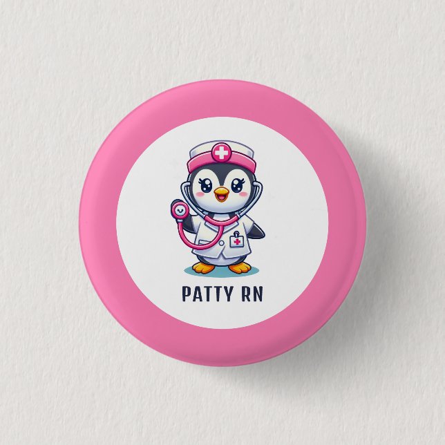 Cute Penguin Nurse Pink Stethoscope Custom 3 Cm Round Badge (Front)