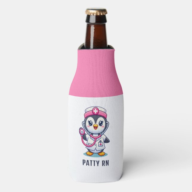 Cute Penguin Nurse Pink Stethoscope Custom  Bottle Cooler (Bottle Front)