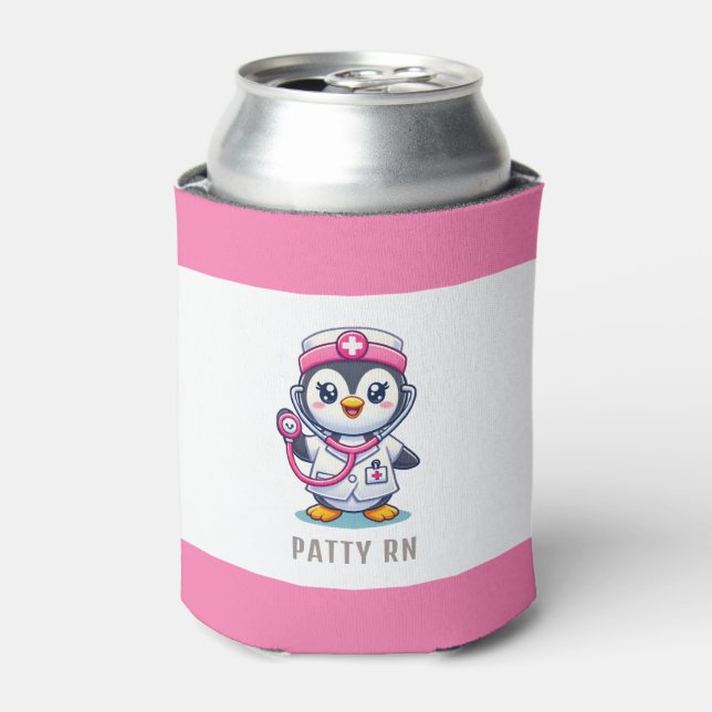 Cute Penguin Nurse Pink Stethoscope Custom Can Cooler (Can Front)