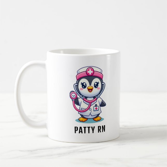 Cute Penguin Nurse Pink Stethoscope Custom Coffee Mug (Left)