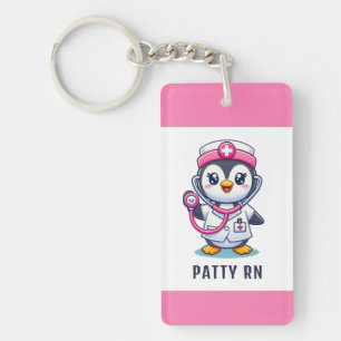 Cute Penguin Nurse Pink Stethoscope Custom Key Ring