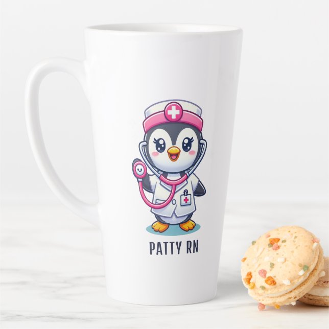 Cute Penguin Nurse Pink Stethoscope Custom Latte Mug (In Situ)