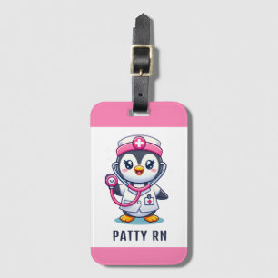 Cute Penguin Nurse Pink Stethoscope Custom Luggage Tag