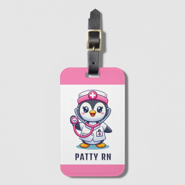 Cute Penguin Nurse Pink Stethoscope Custom Luggage Tag (Front Vertical)