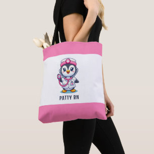 Cute Penguin Nurse Pink Stethoscope Custom Tote Bag