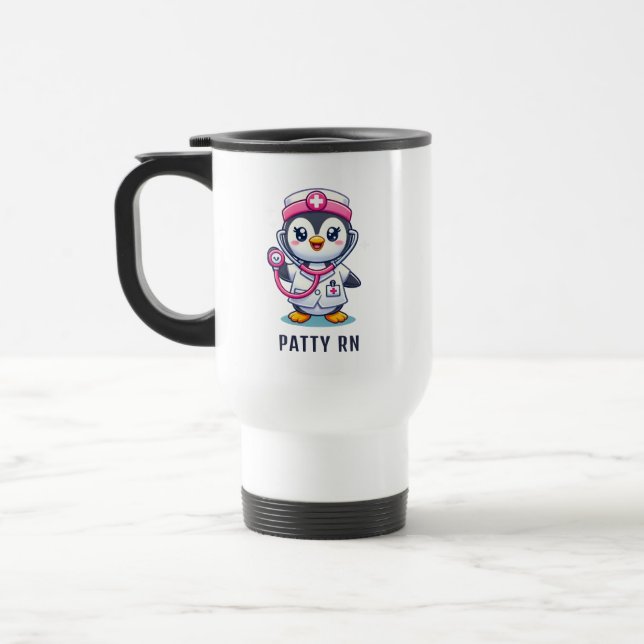 Cute Penguin Nurse Pink Stethoscope Custom Travel Mug (Left)