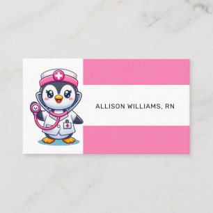 Cute Penguin Nurse Pink Stethoscope Stripe Business Card