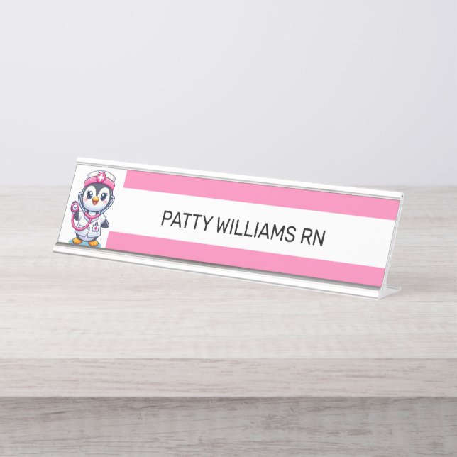 Cute Penguin Nurse Pink Stethoscope Stripe Desk Name Plate (Front)