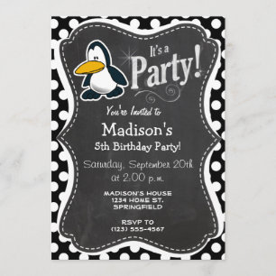Cute penguin on Black and White Polka Dots Invitation