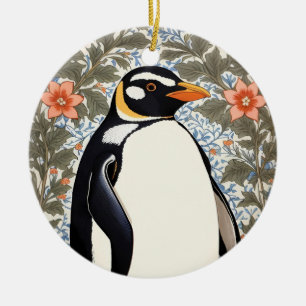 Cute Penguin On Colorful Elegant Floral Background Ceramic Tree Decoration