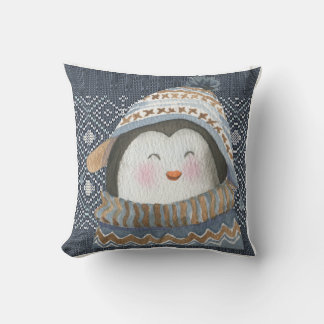 Cute Penguin on Cosy Winter Knit Pattern  Cushion