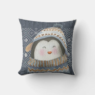 Cute Penguin on Cosy Winter Knit Pattern  Cushion