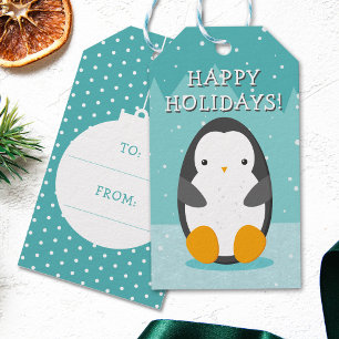 Cute Penguin on Ice Blue Winter Cartoon Christmas Gift Tags