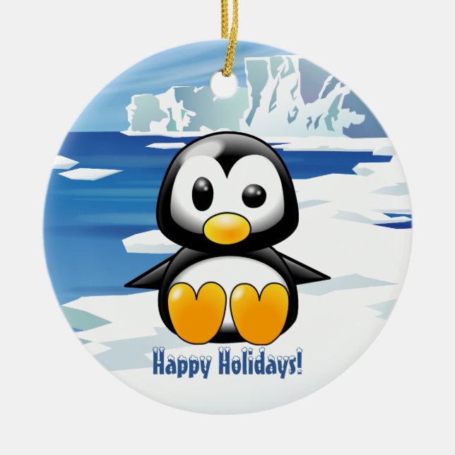Cute Penguin on Ice Ceramic Tree Decoration (Front)