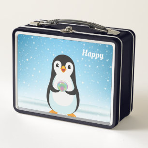 Cute Penguin on Light Blue Metal Lunch Box