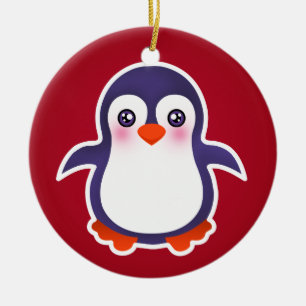 Cute Penguin On Red Background Illustration Ceramic Tree Decoration