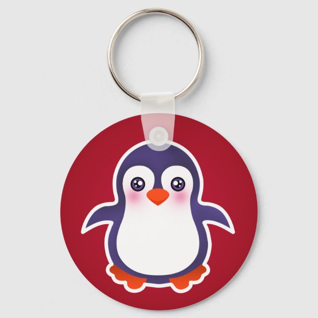 Cute Penguin On Red Background Illustration Key Ring (Front)