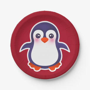Cute Penguin On Red Background Illustration Paper Plate