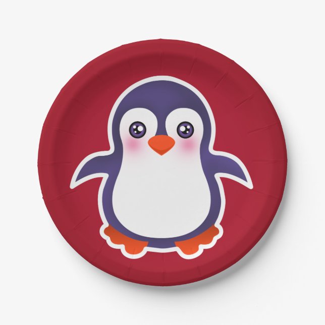 Cute Penguin On Red Background Illustration Paper Plate (Front)
